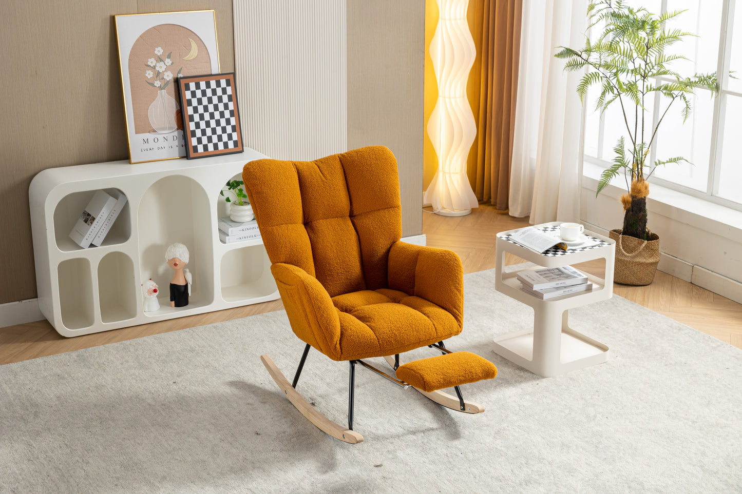 Teddy Fabric Rocking Chair with Adjustable Footstool - Caramel