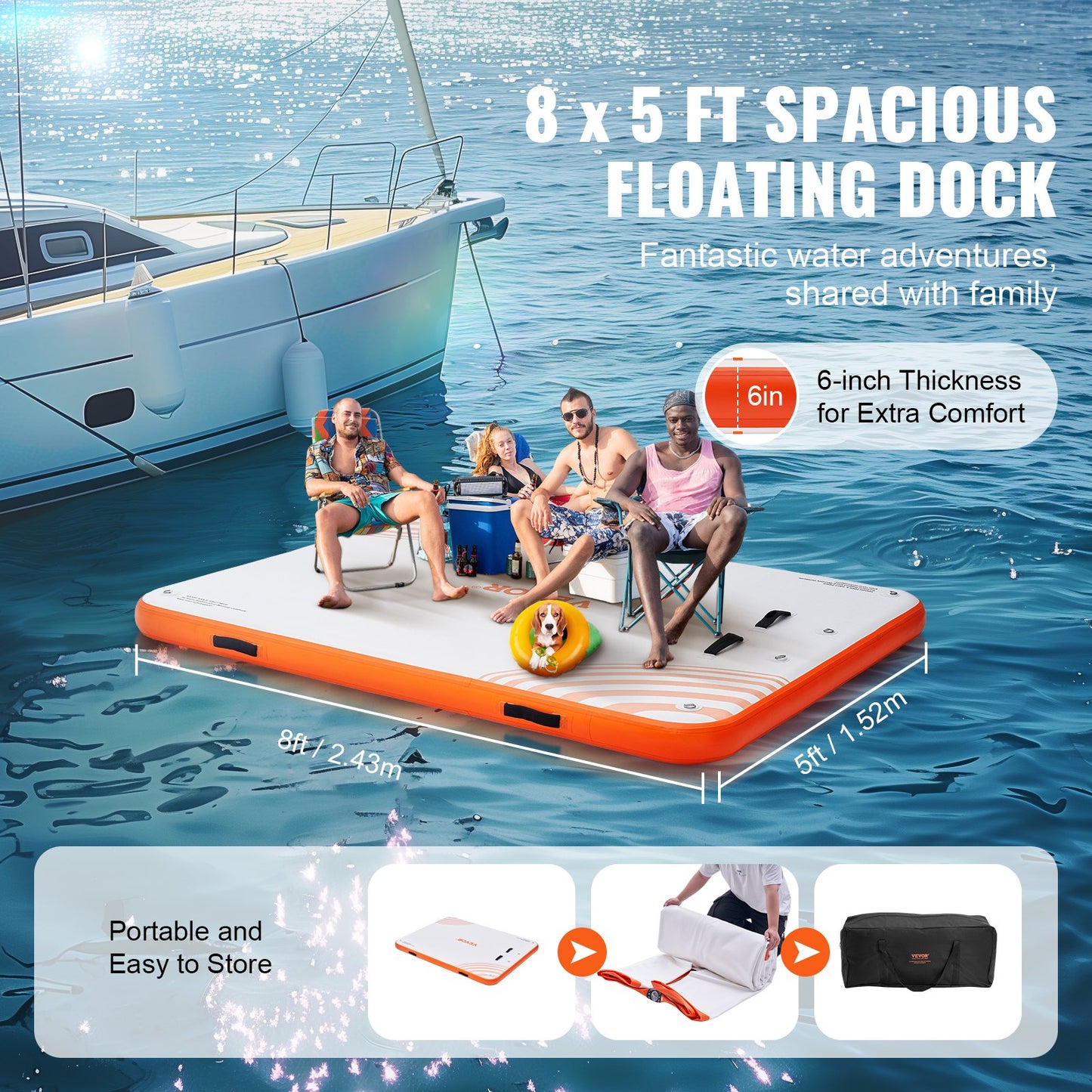 Inflatable Water Floating Dock Platform 8x5ft with Ladder & Carry Bag
