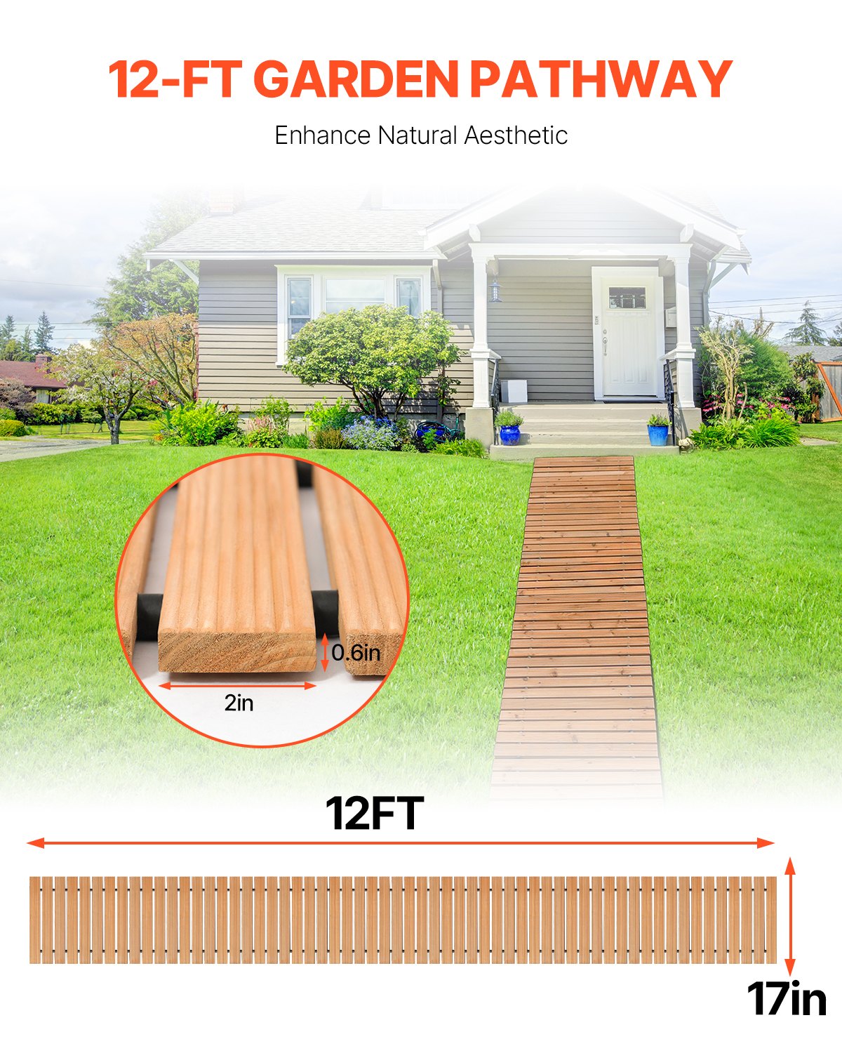 12 Ft Wooden Garden Pathway with Cedar Planks - Brown Outdoor Walkway