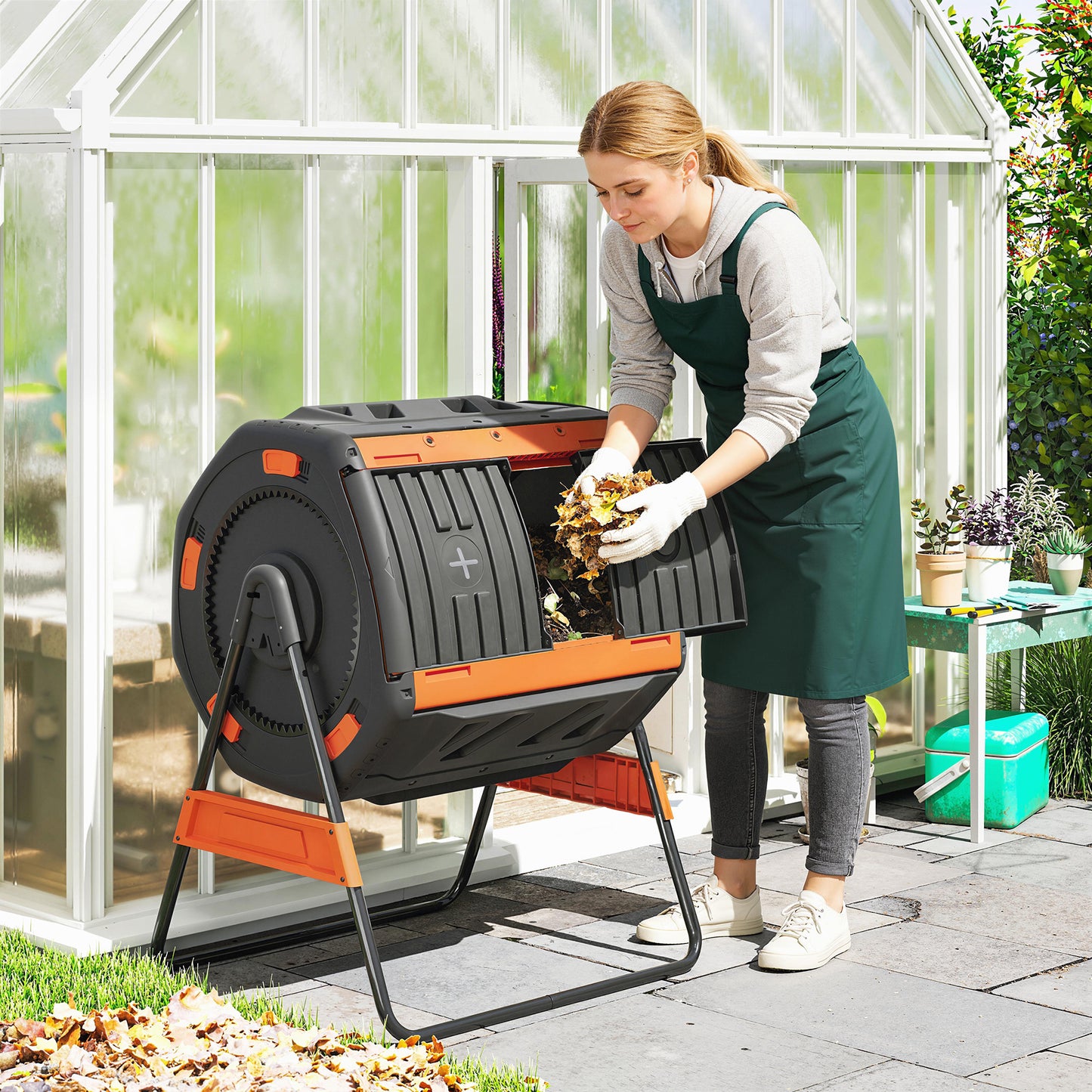 Outdoor Compost Bin 53 Gal Dual Chamber Tumbling Composting System with Adjustable Vents