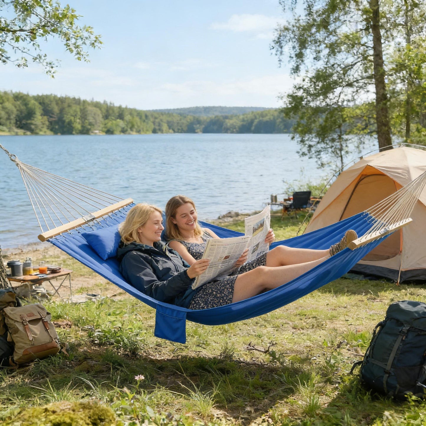 Double Outdoor Hammock for 2 - Quilted with Natural Wood & Navy Blue