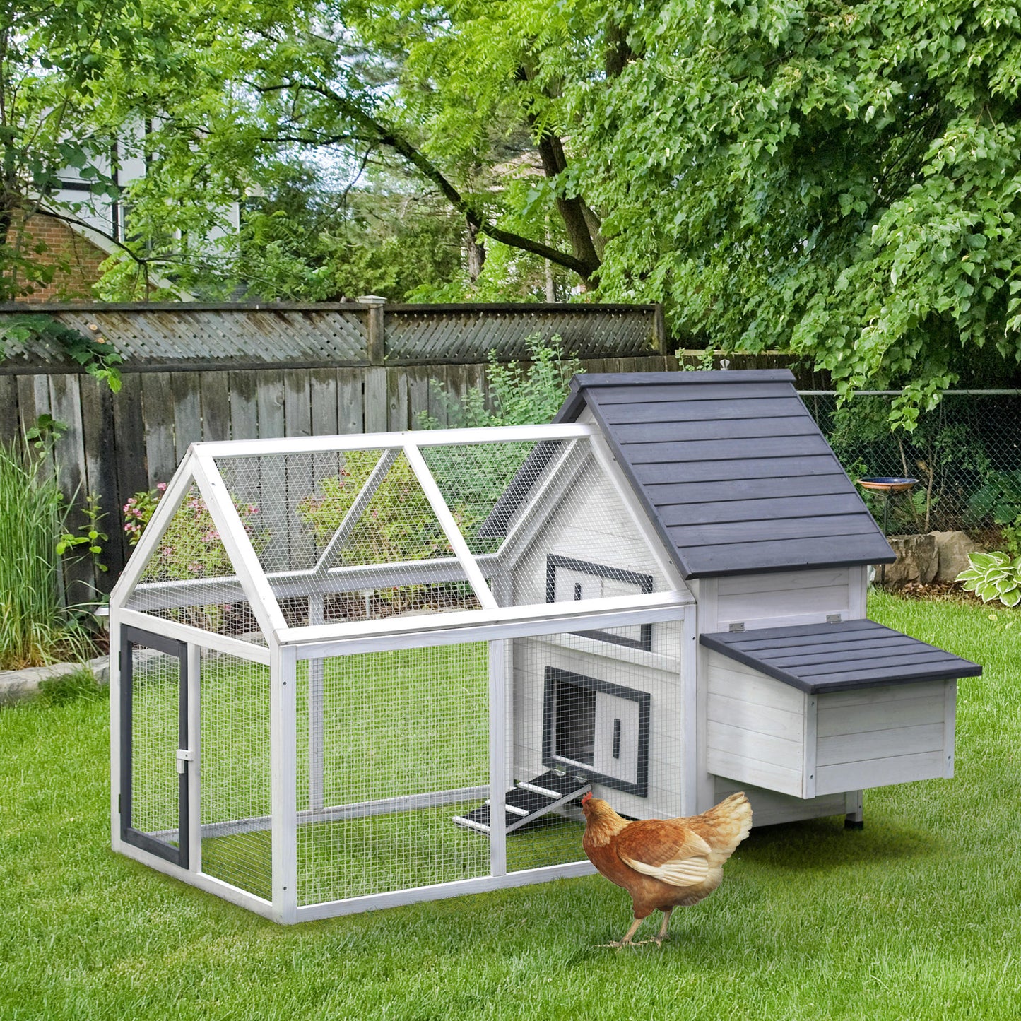 65-Inch Wooden Chicken Coop with Run, Nesting Box, Ramp, and Weatherproof Design