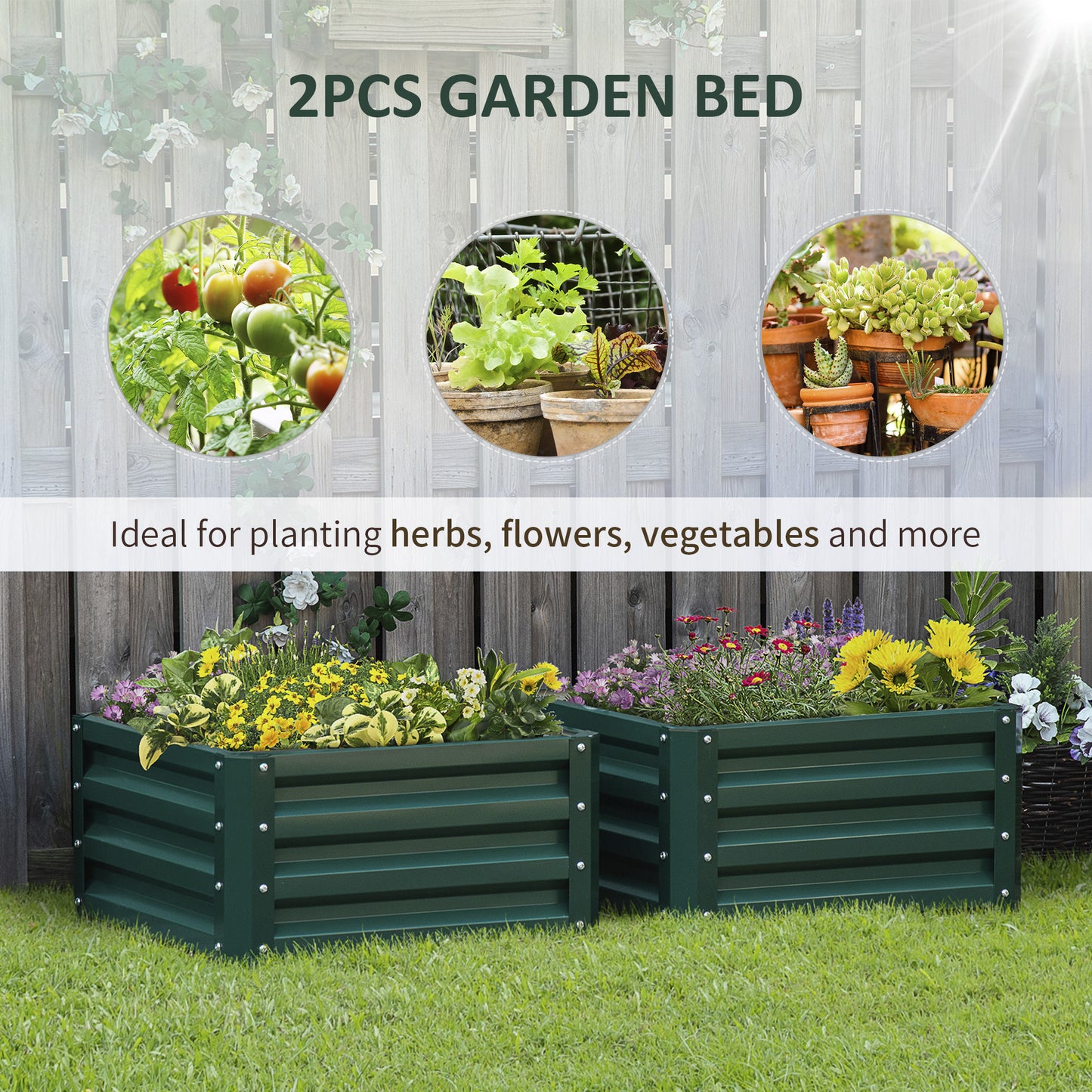 Galvanized Raised Garden Bed Set of 2 - Steel Planter Boxes for Vegetables and Flowers, Rust-Resistant, Easy Assembly, Green, 670x345x60 mm