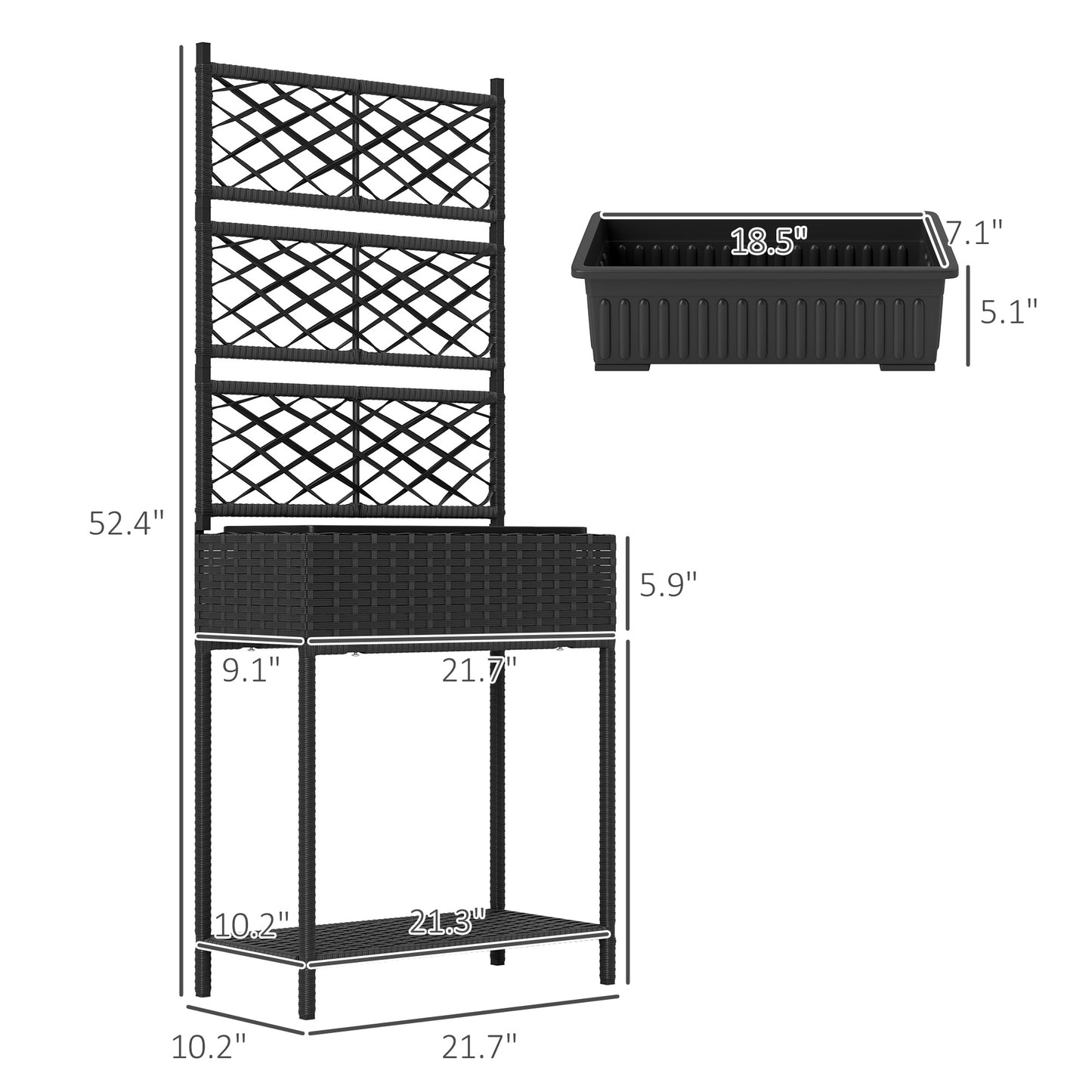 Outdoor Wicker Planter with Trellis and Storage Shelf - Black Garden Box