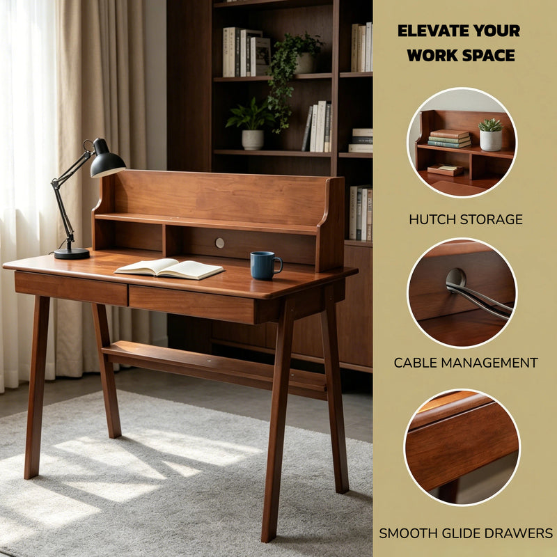 Solid Wood Mid-Century Writing Desk with Drawers - Natural