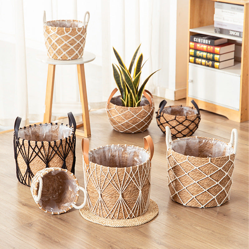 Floor-standing Flower Basket with Woven Straw Design - Garden & Home Decor