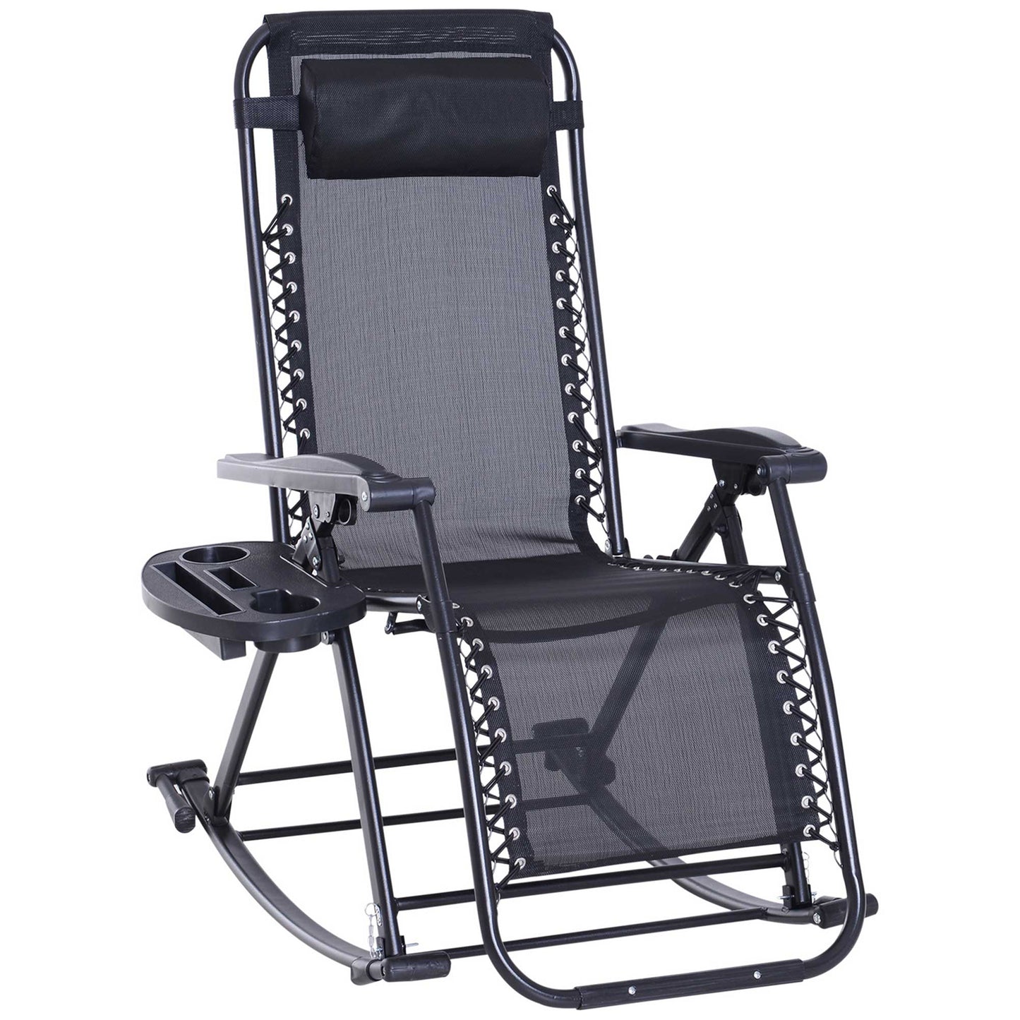 Zero Gravity Rocking Chair - Foldable Reclining Lounge with Pillow, Cup Holder, Black