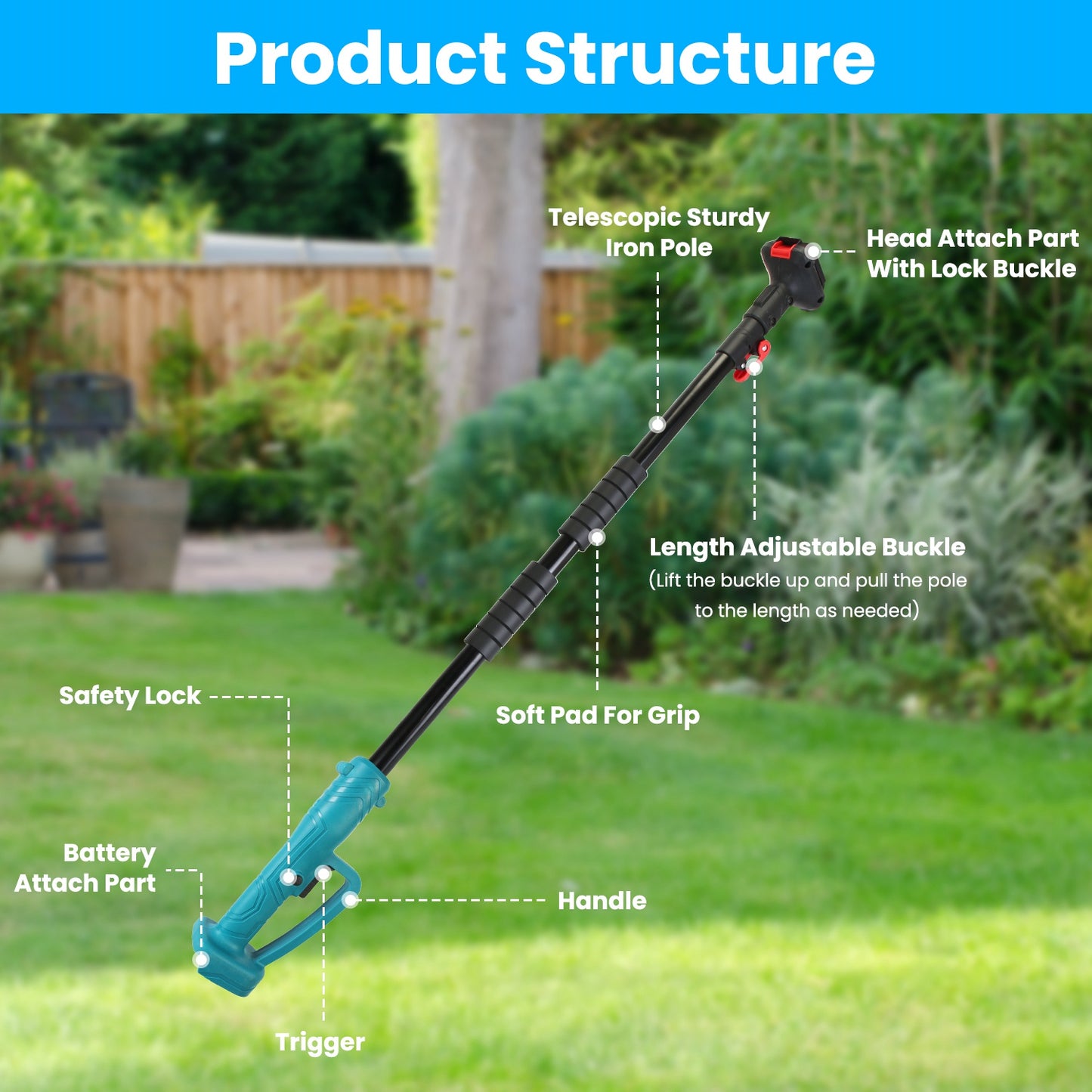Cordless Multi-Function Hedge Trimmer with Telescopic Pole & Batteries - Blue