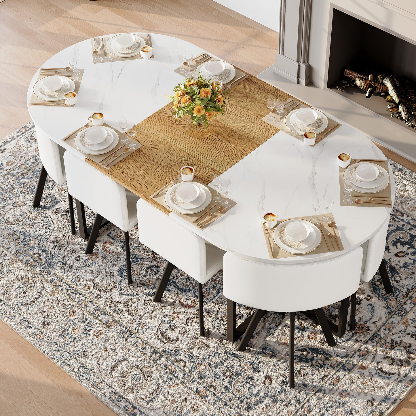 9-Piece Oval Dining Table Set, Fixed White Faux Marble & Wood Grain