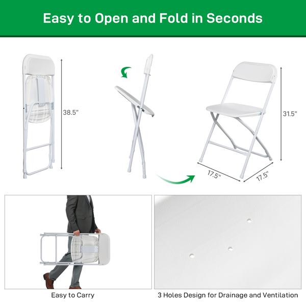 6-Pack White Plastic Folding Chairs - Sturdy & Lightweight