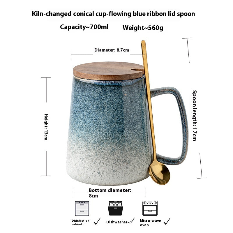 Large Ceramic Mug with Cover and Spoon - Art Kiln Baked 700ml Drinkware