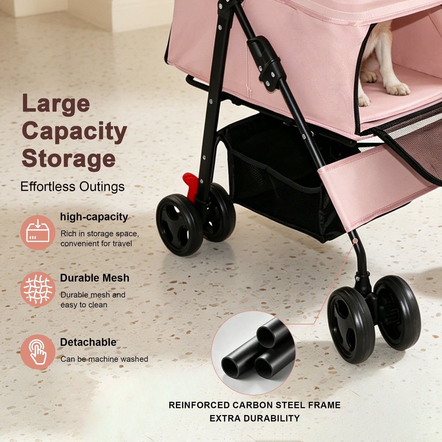 Foldable Pet Stroller for Small Dogs Cats Up to 28 lbs with Mesh & Storage - Pink