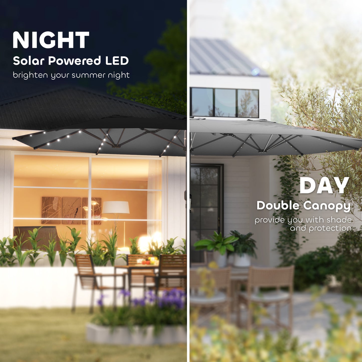 Double-Sided Garden Parasol with LED Solar Lights - Gray