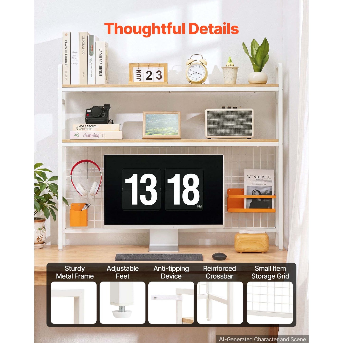 3-Tier Desktop Bookshelf Organizer with Metal Frame and Wooden Shelves - White