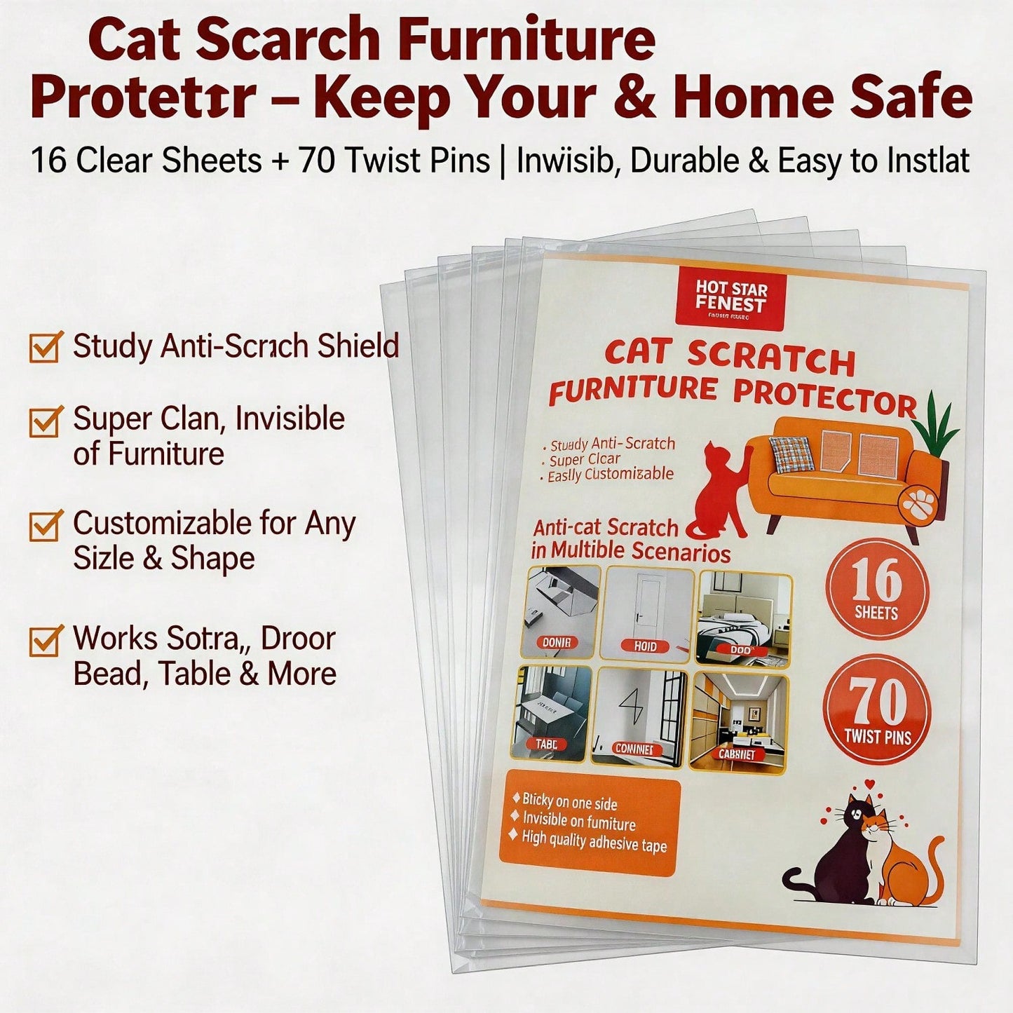 Cat Scratch Furniture Protector Set - Clear Anti-Scratch Sheets for Sofa, Door, Bed, Table, Cabinet