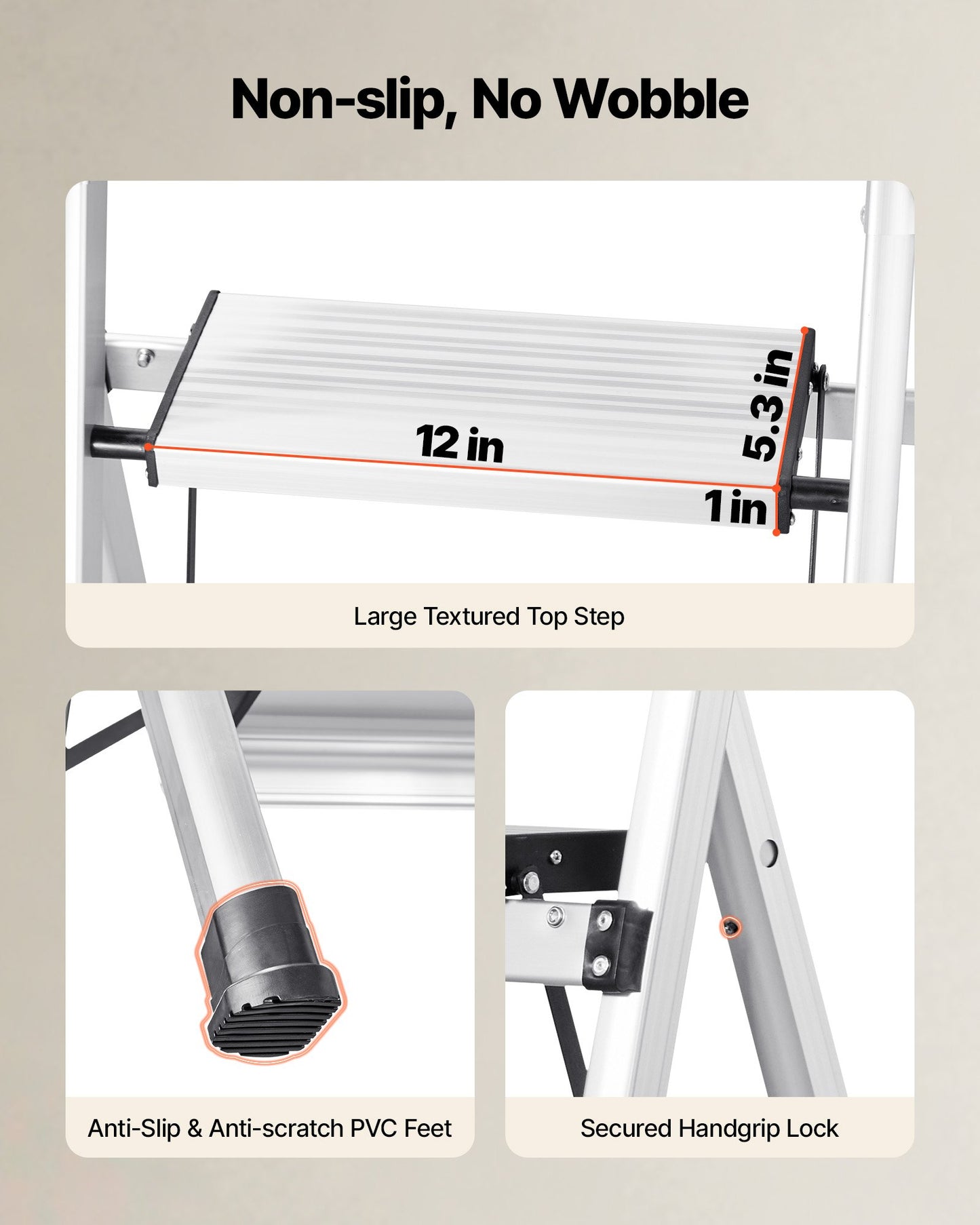 Foldable Aluminum Step Ladder - 3 Step Stool with Anti-Slip Pedal, Handgrip, 330 lbs Capacity, Portable for Home & Office, Black