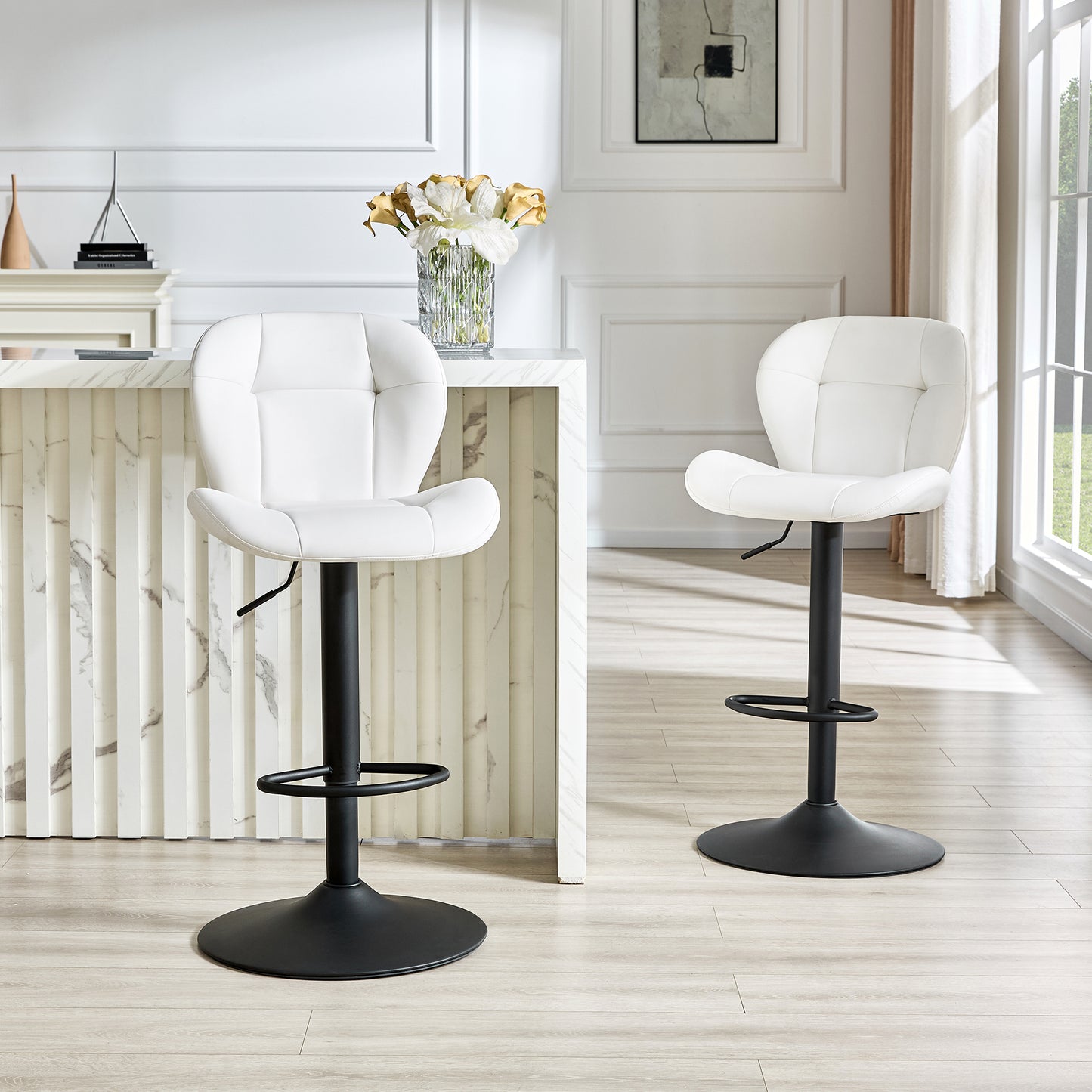 Set Of 2 Height Adjustable Bar Stools, White PU Upholstered Tufted