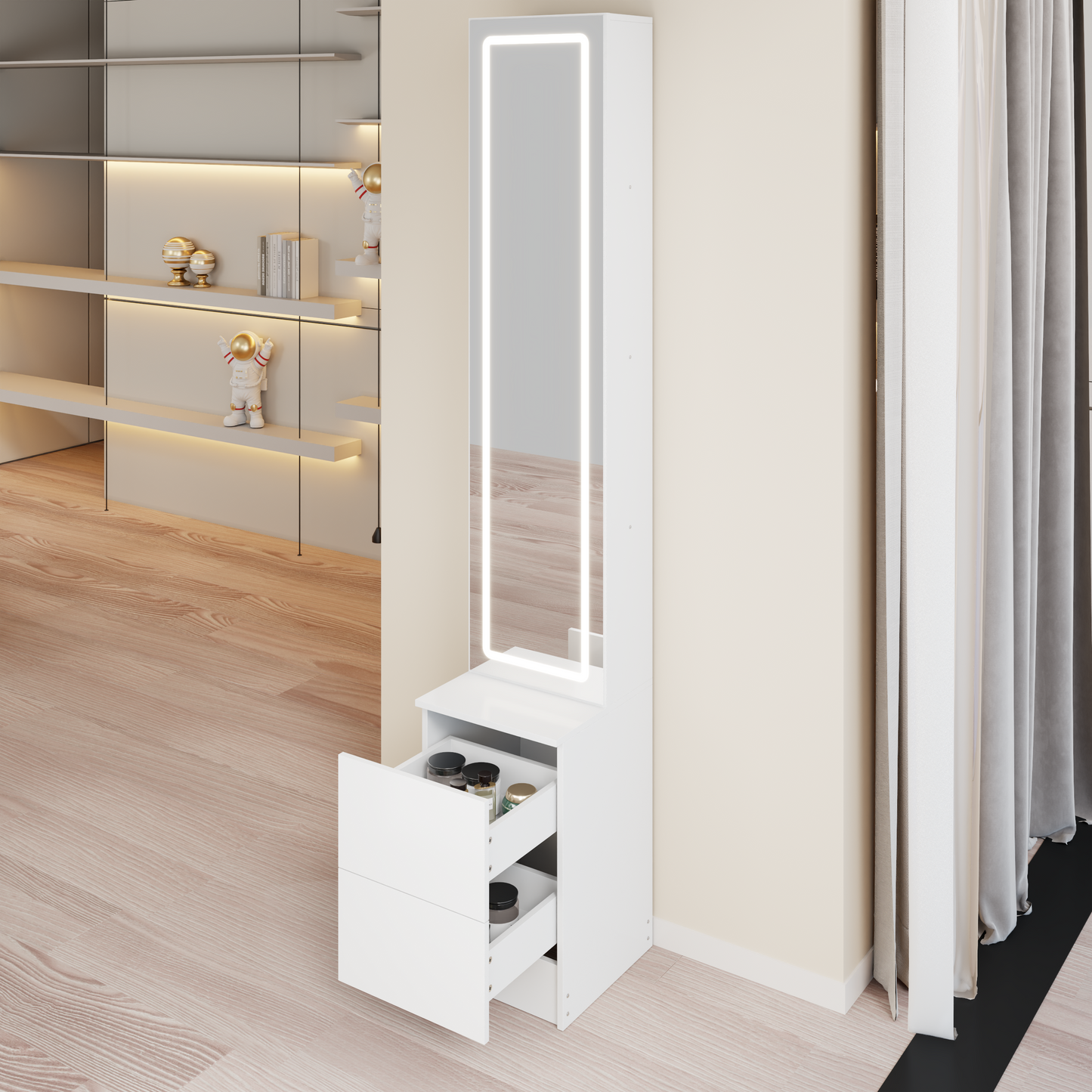 Adjustable LED Dressing Mirror Cabinet - White, Multi-layer Storage