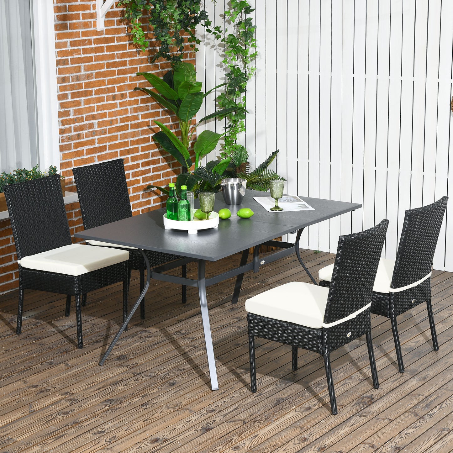 4-Piece Black Rattan Outdoor Dining Chair Set with Cushions