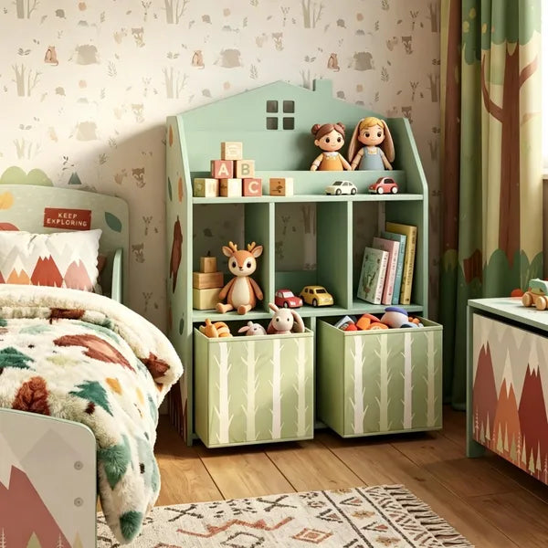 Kids Bookshelf with Storage - Fun House Shape, 36" Tall