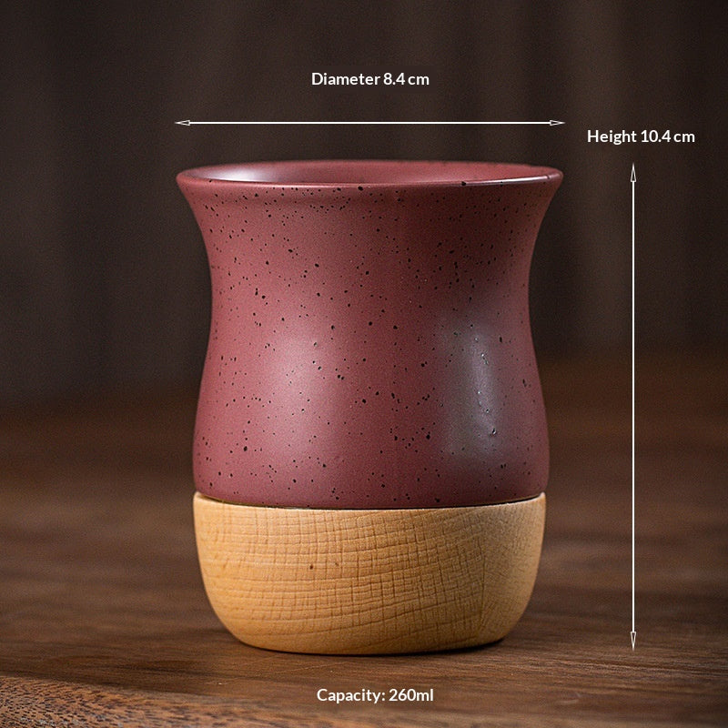 Retro Solid Wood Base Stoneware Coffee Mug 260ml - Multiple Colors