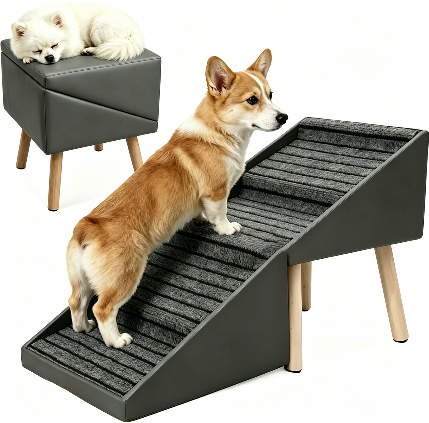 Foldable Dog Steps for Bed and Couch - 4-Step Pet Ramp for Small Dogs, Grey