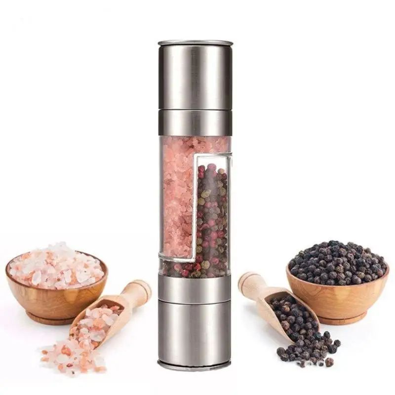 Salt and Pepper Grinder Set 2-in-1 Stainless Steel Manual Spice Mills Adjustable Ceramic Grinding Kitchen Tool Silver