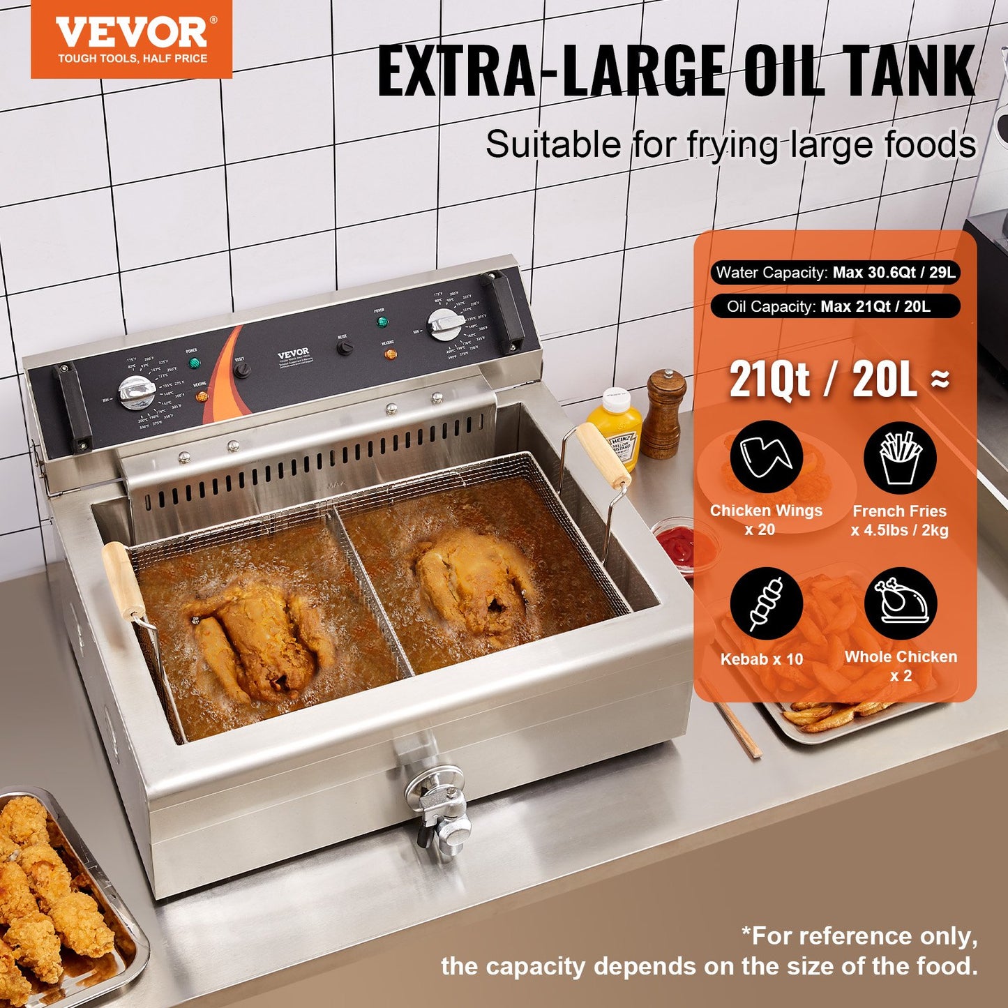 Commercial Electric Deep Fryer 3000W 30.6Qt / 29L Large Capacity Kitchen Appliance - Silver