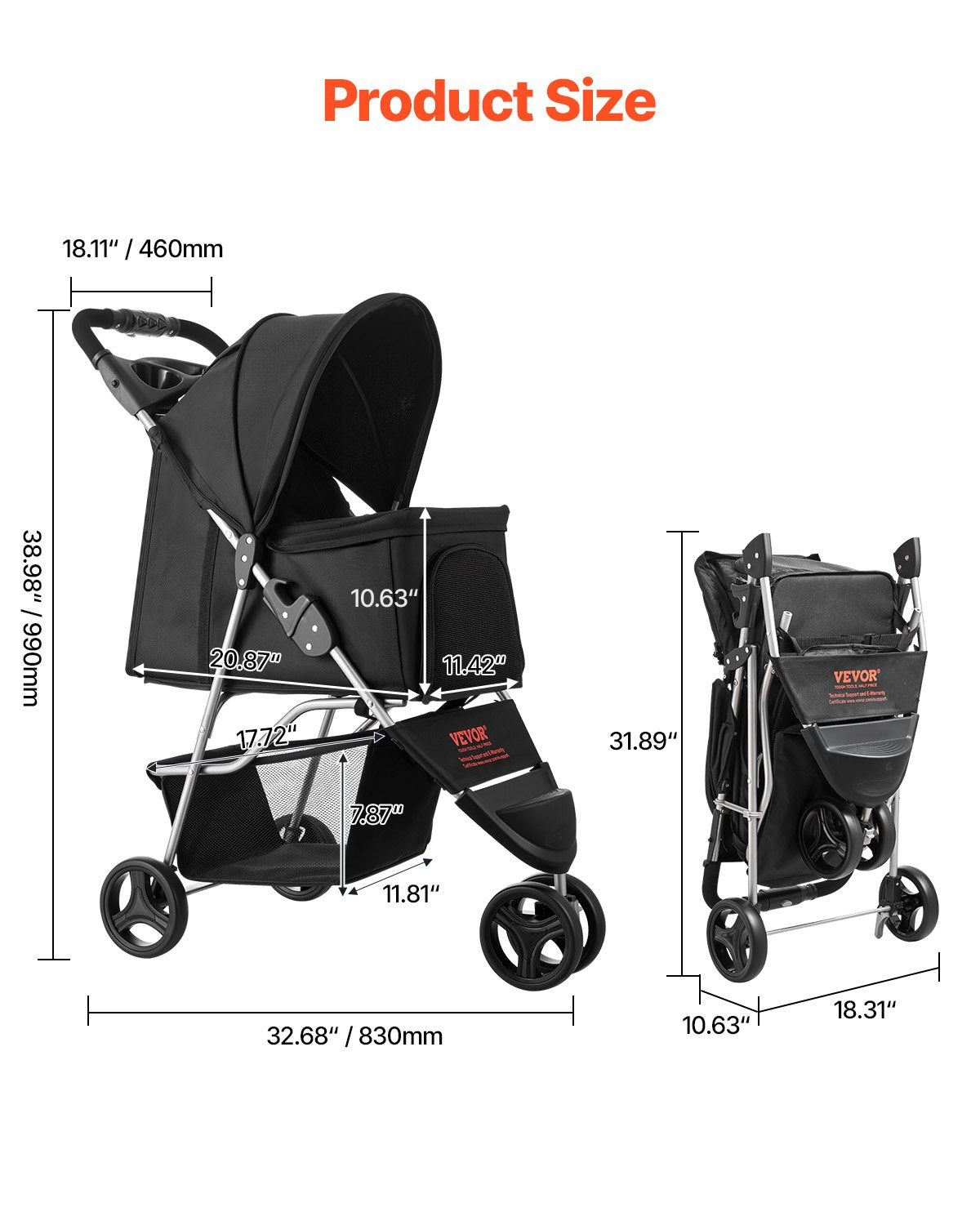 Foldable Pet Stroller with 3 Wheels for Small Dogs and Cats - Travel & Outdoor Use