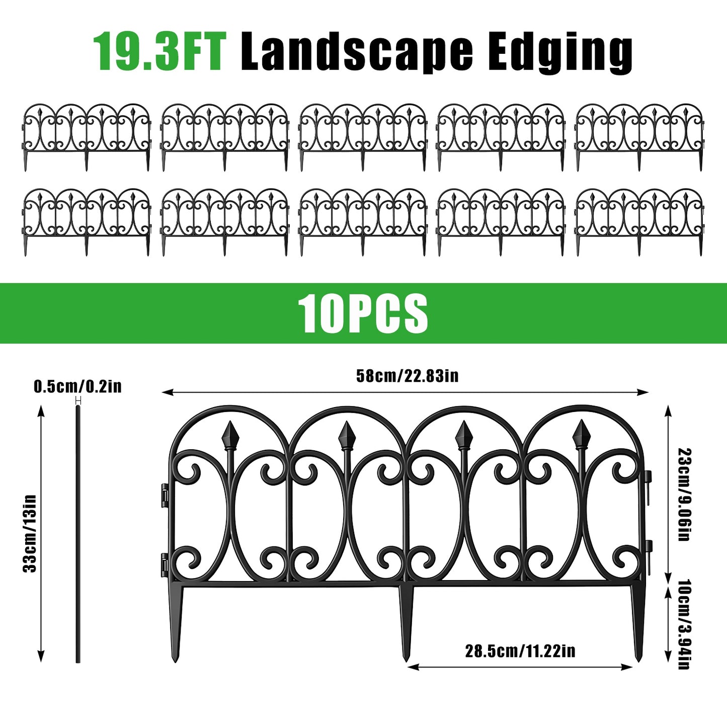 Garden Fence Panels 10 Pack Decorative Lawn Edging Border with Gloves, No-Dig Landscape Fencing, 19.3FT