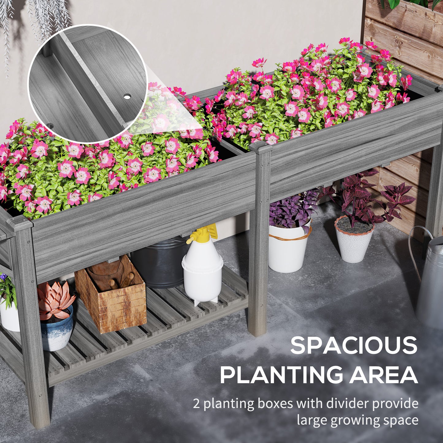 Wood Raised Garden Bed with Side Table and Bottom Shelf - Gray Garden Planter