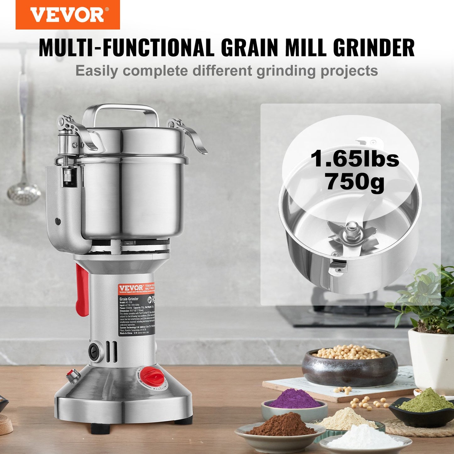 750g Commercial Electric Spice & Grain Grinder High-Speed Mill - Silver