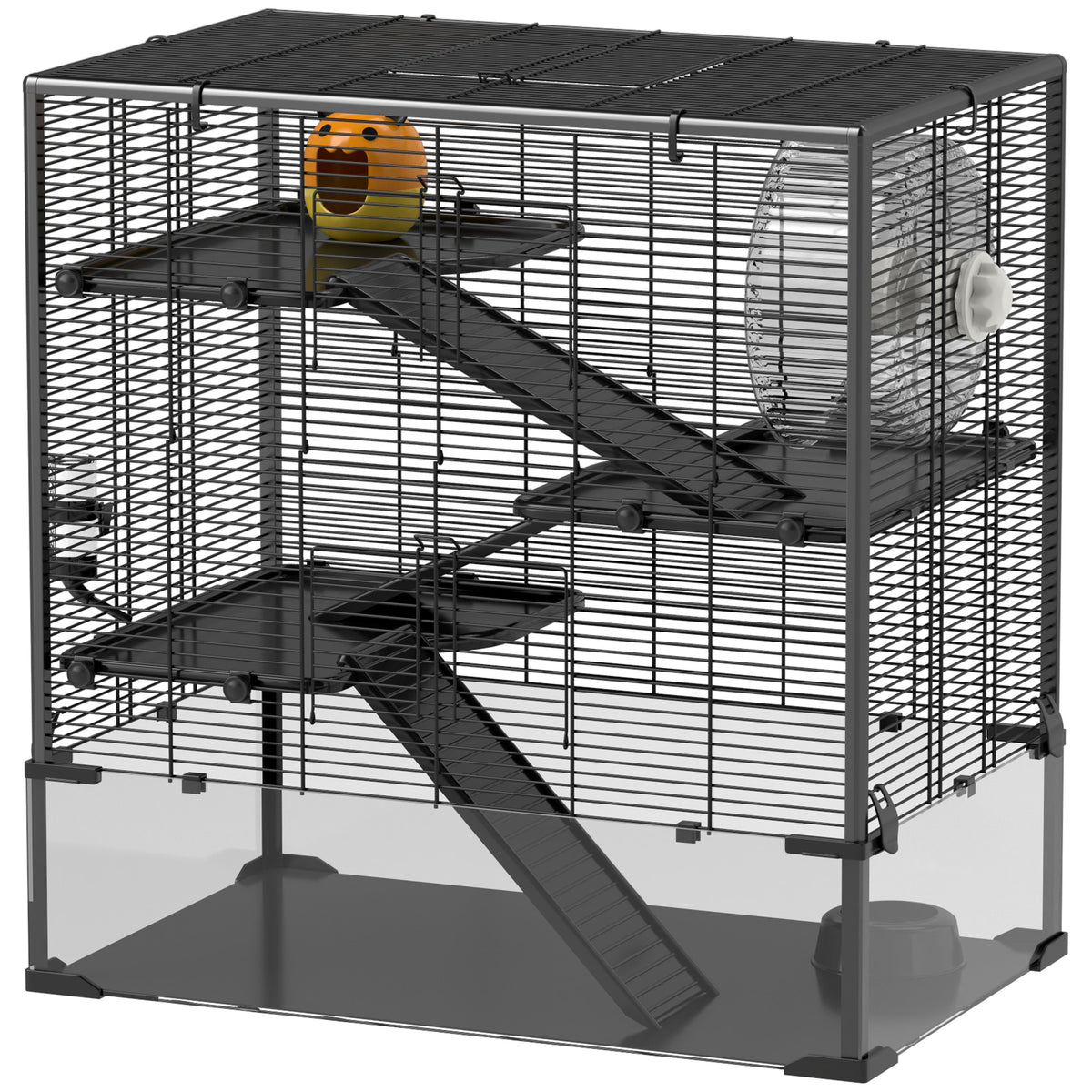 4-Tier Hamster Cage with Deep Tempered Glass Bottom & Accessories, Black