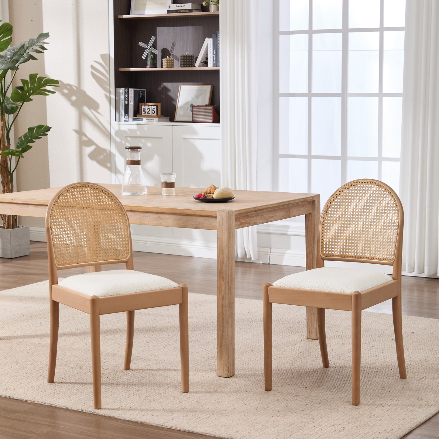 Beige Rattan Dining Chairs Set of 2 - Upholstered Kitchen Seating
