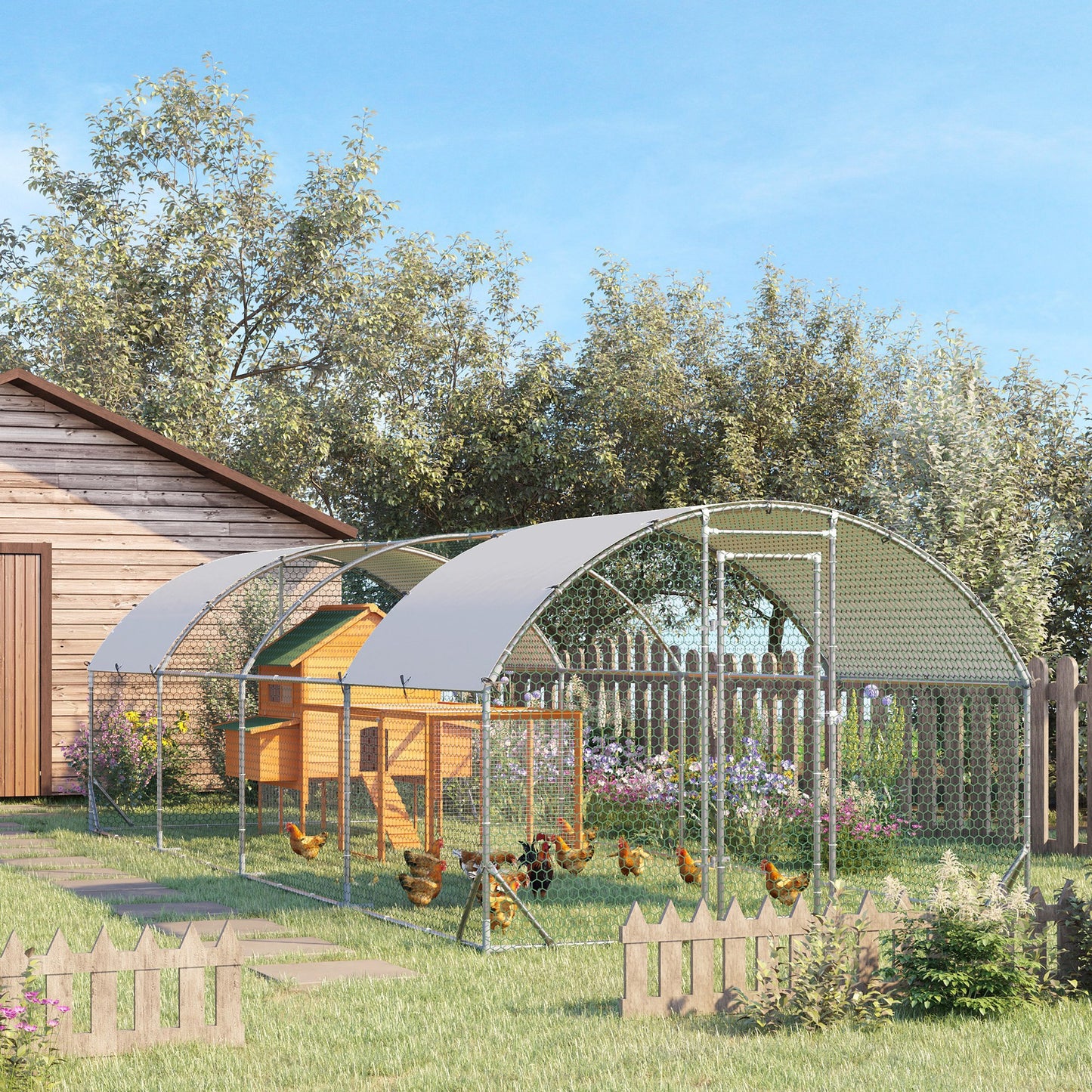 Large Metal Chicken Coop with Waterproof Cover - Outdoor Animal House, 9.2x24.9x6.5 ft, Silver
