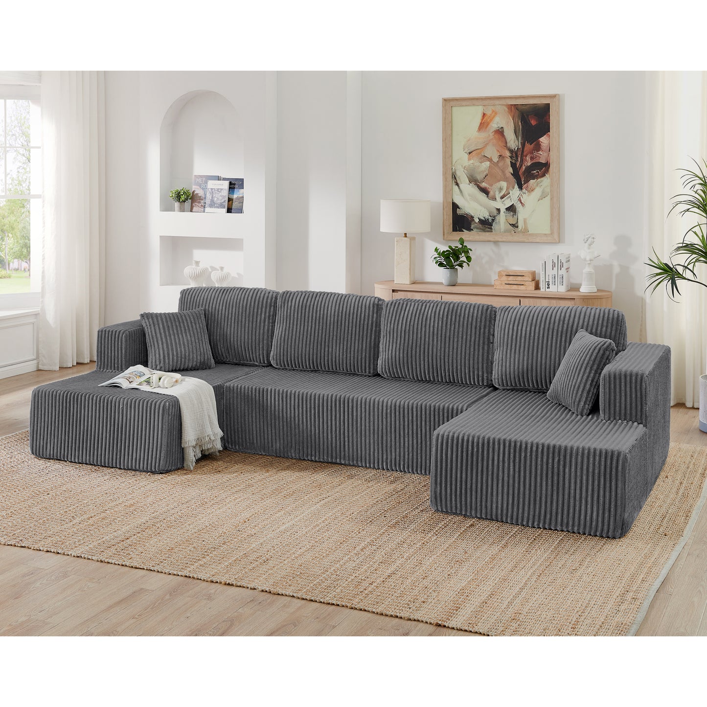 Modular U Shape Sectional Sofa - Compressed Corduroy Couch in Grey