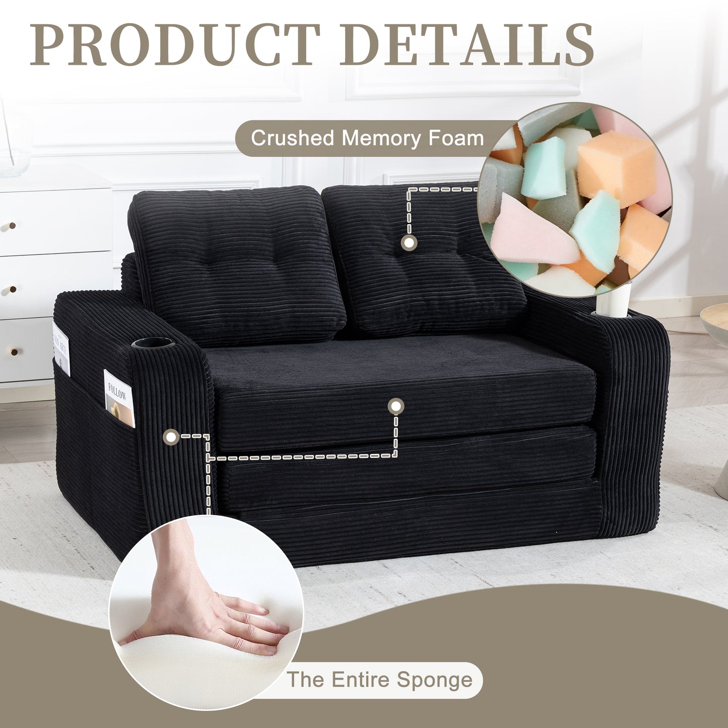 Convertible Sofa Bed - Expandable 2-in-1 Floor Couch with Pillows - Black