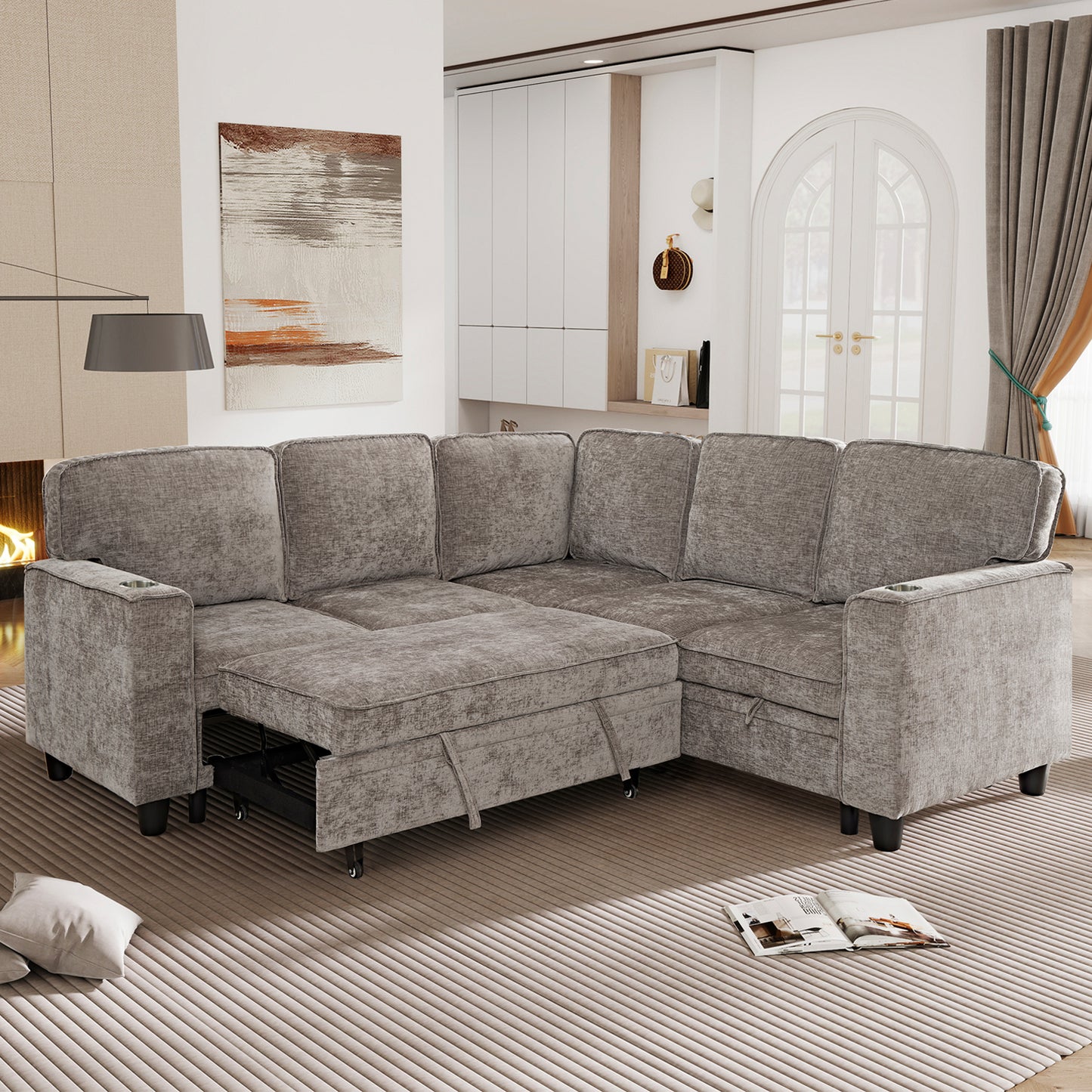 L-Shaped Sofa Bed with Storage & USB Ports - Light Brown