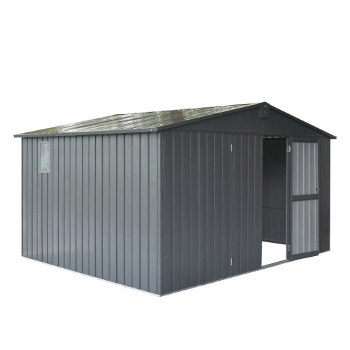 11x9 Metal Garden Storage Shed with Galvanized Steel Frame & Windows, Lockable Door - Dark Gray