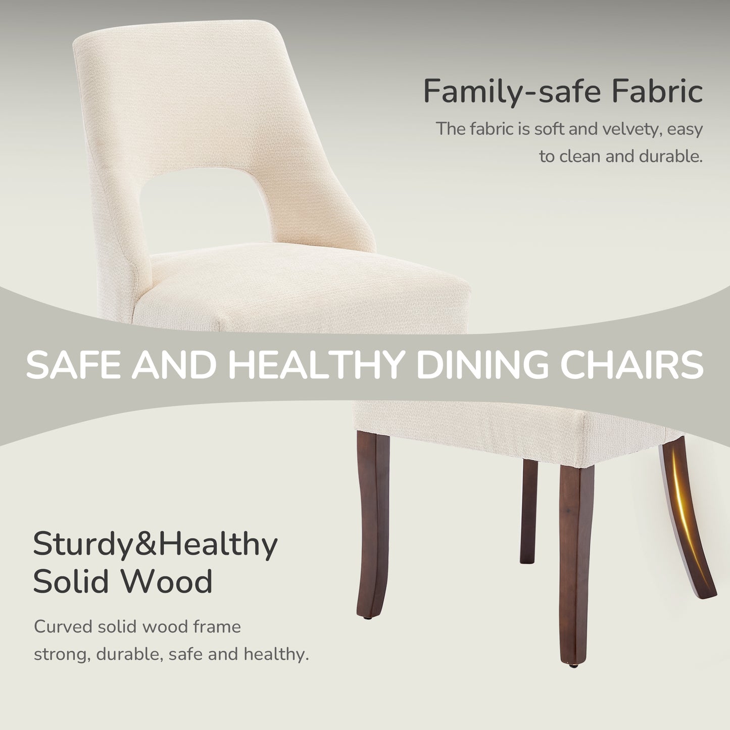 Upholstered Dining Chair Set of 2 - Beige Chenille & Wood Legs