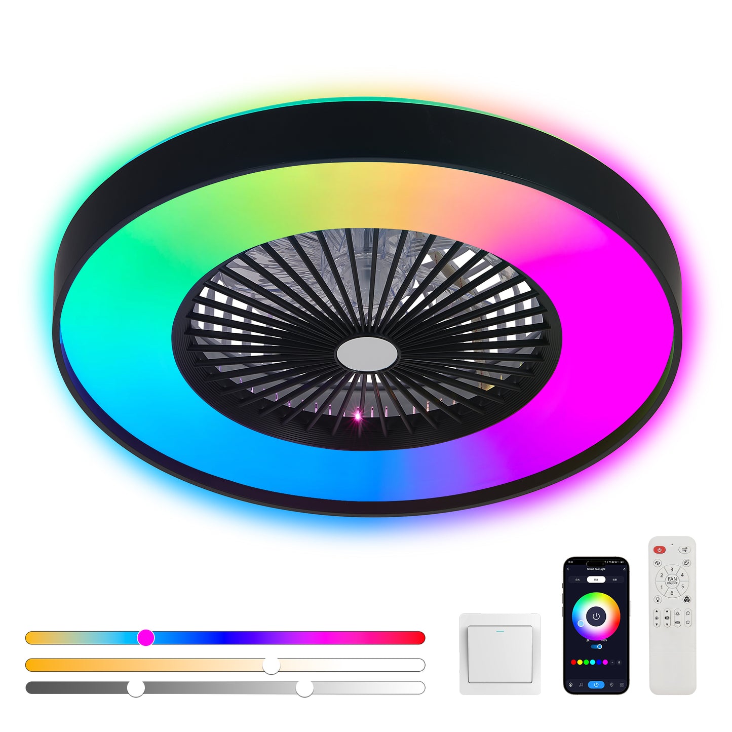 23-Inch Black Ceiling Fan Light with RGB LED & Remote Control