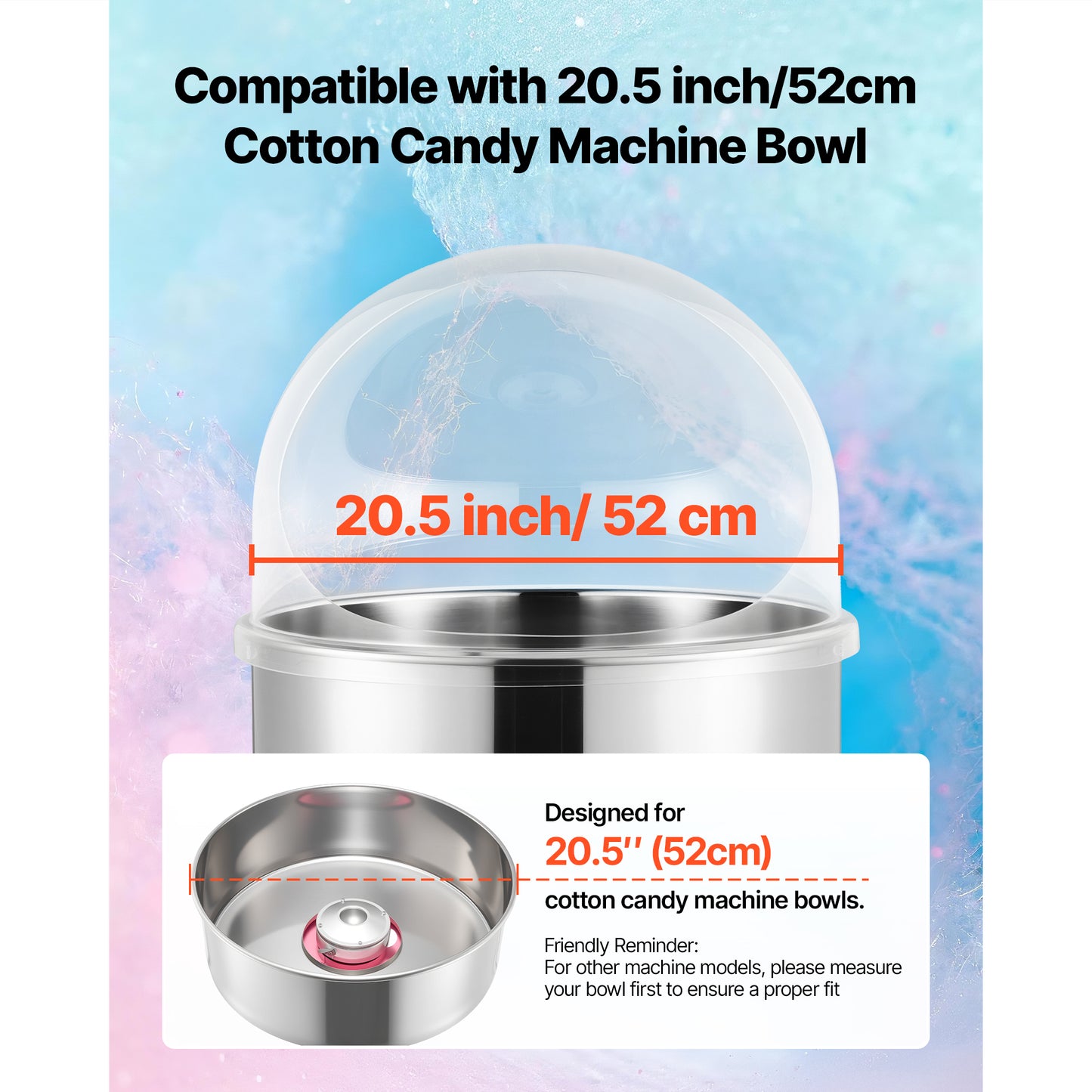Cotton Candy Machine Cover with Transparent Acrylic Dome Bubble Shield - Fits 20.5in Bowl