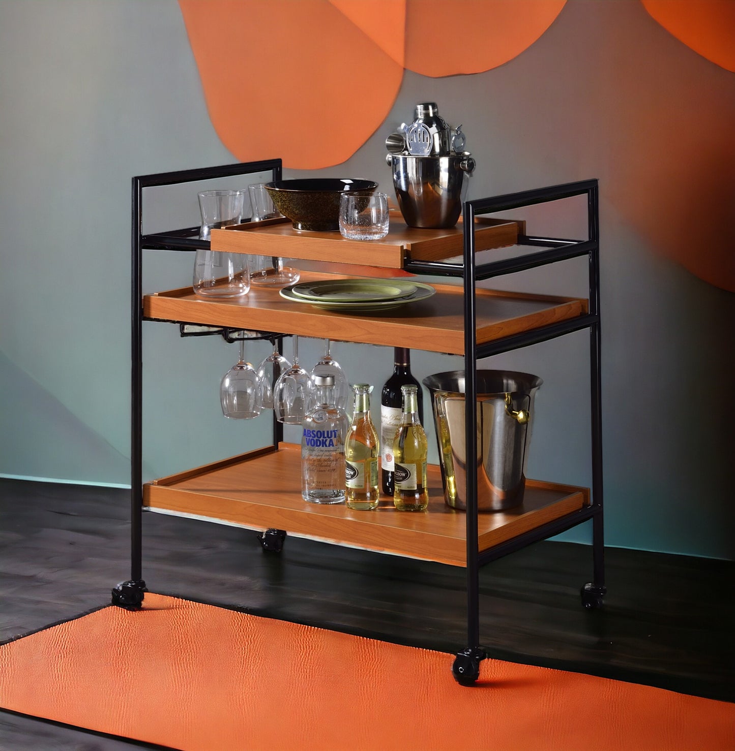 Oaken Honey Oak & Black Serving Cart with Adjustable Trays