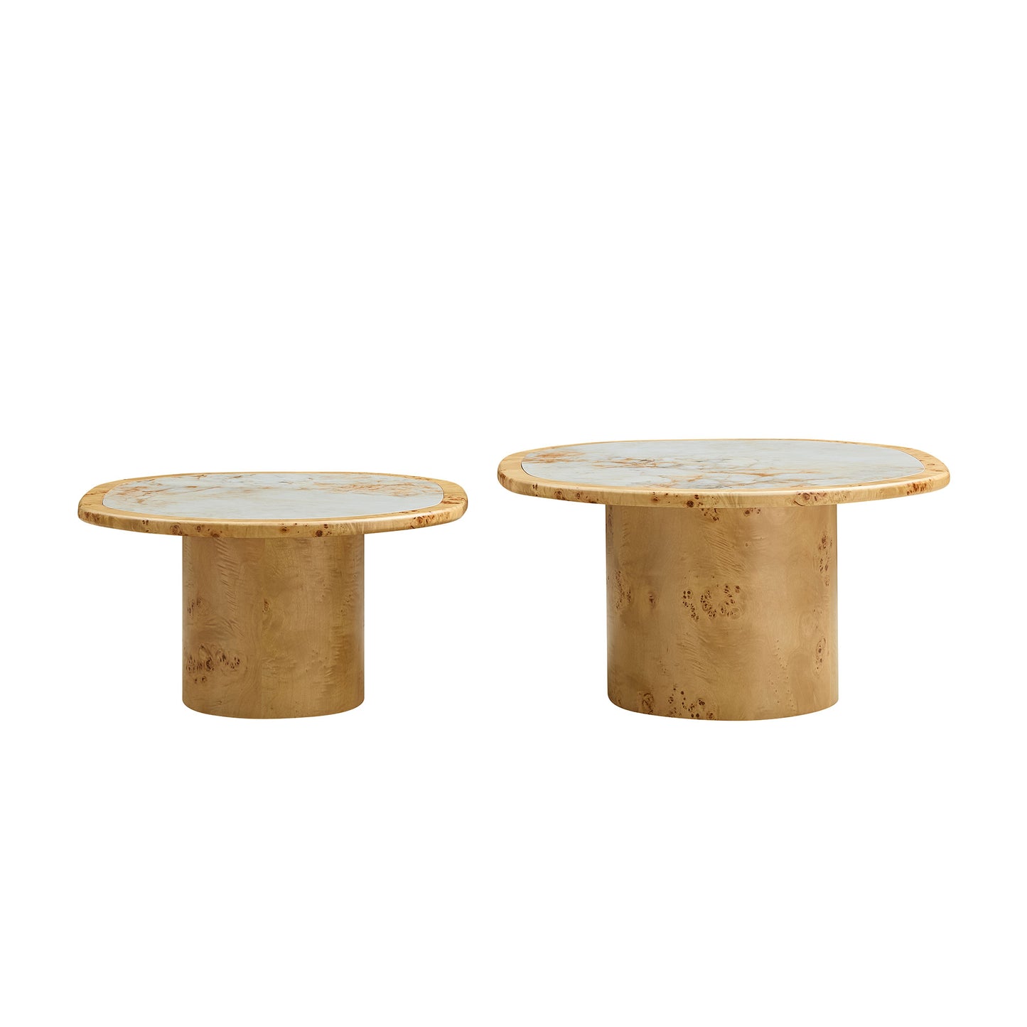 Natural Burl Wood Coffee Table Set - 2-Piece Sintered Stone Top