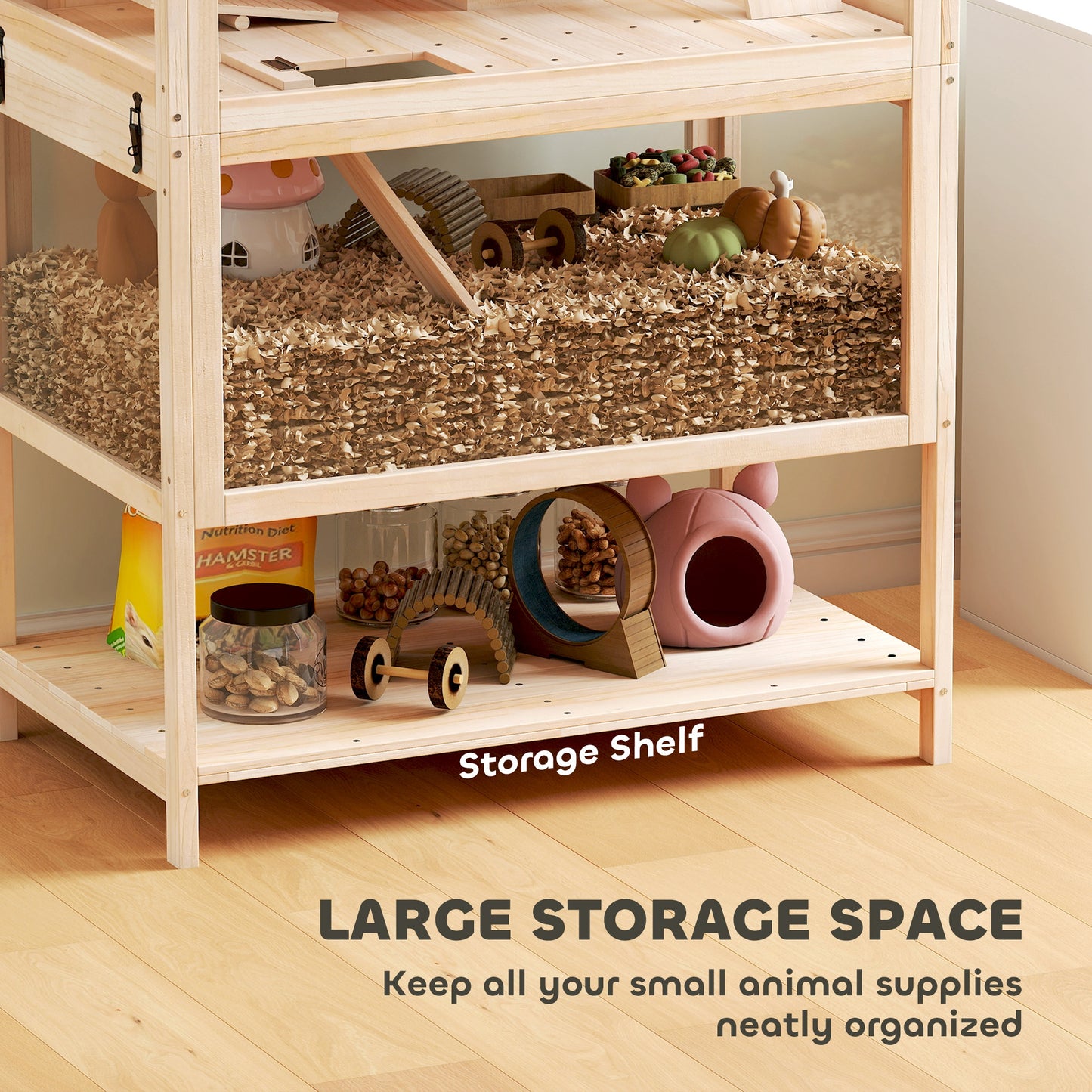 Wooden Hamster Cage with Detachable Floors & Accessories - Natural Wood