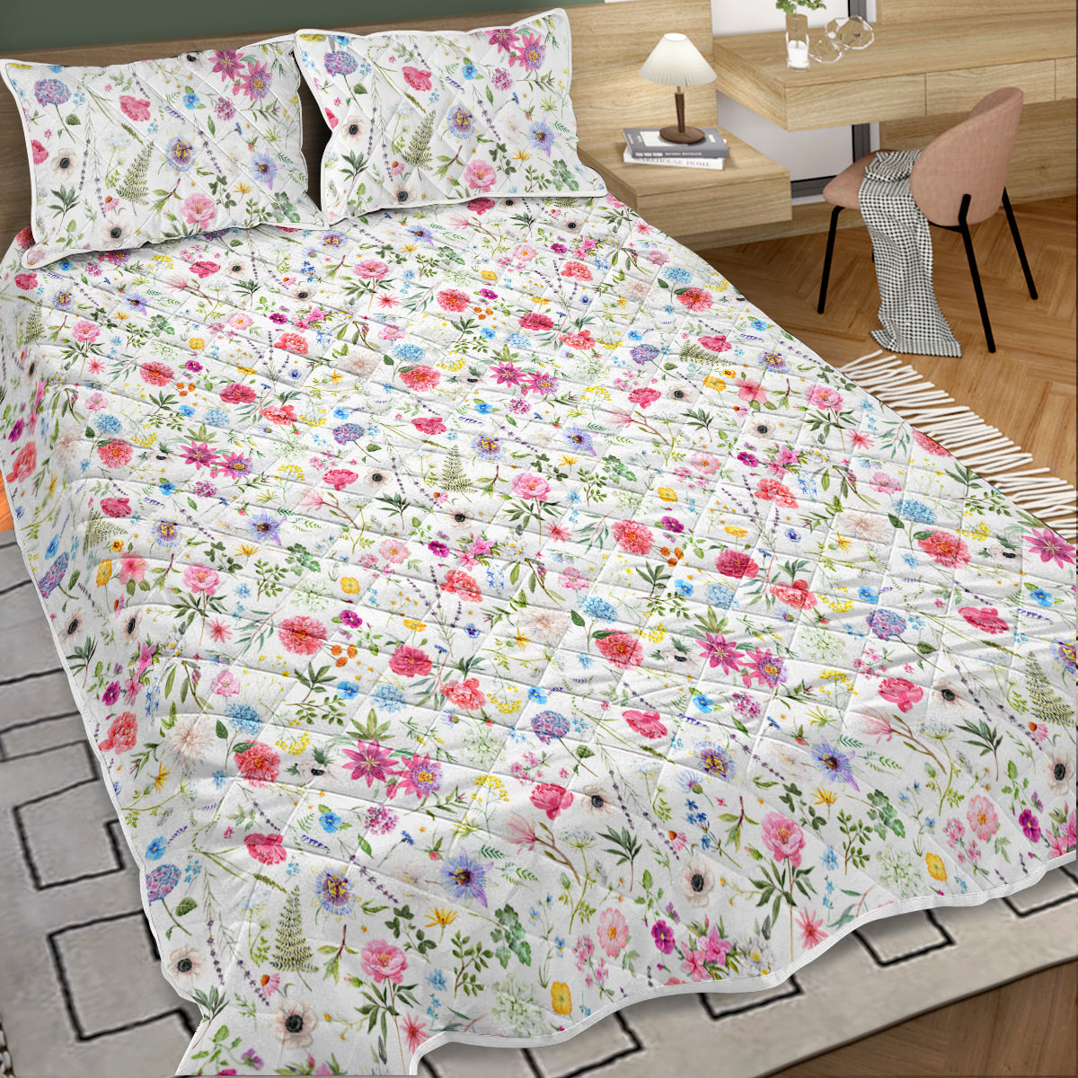 Red Floral Microfiber Quilt Set - Lightweight Bedding for All Seasons