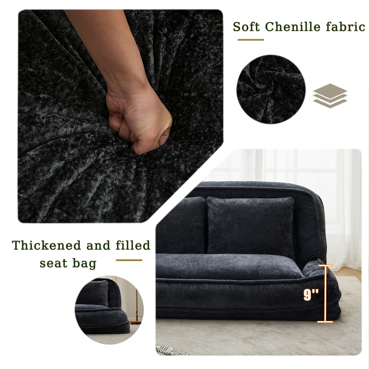 Extra Large Chenille Lazy Sofa Loveseat - Black Dog Bed