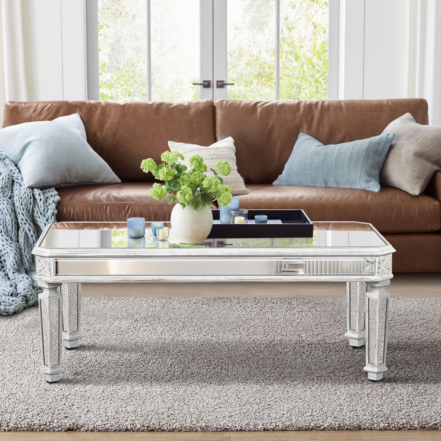 Silver Mirrored Coffee Table with Vintage Carved Elements - 48" W
