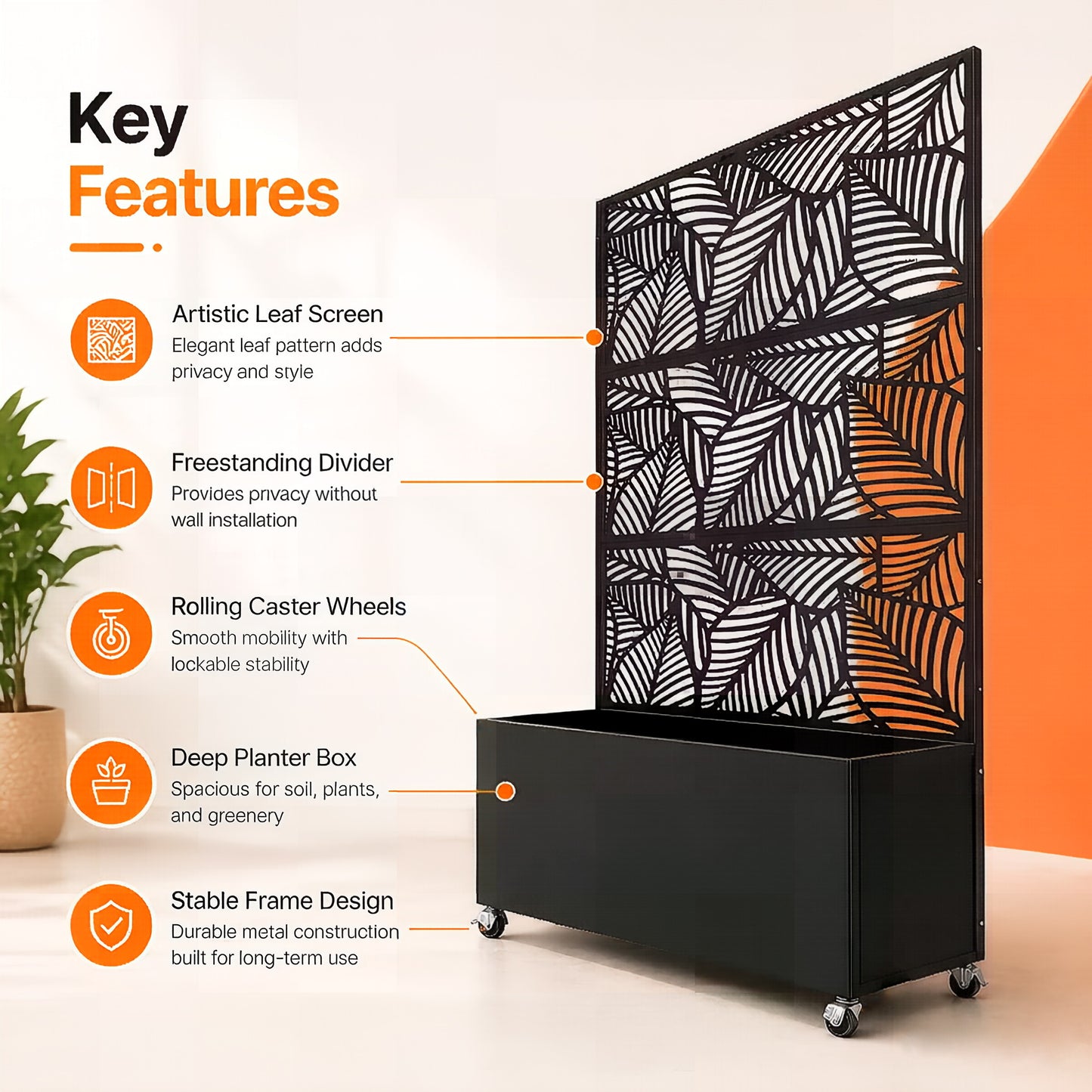 Leaf Pattern Privacy Screen with Planter Box - Black Metal