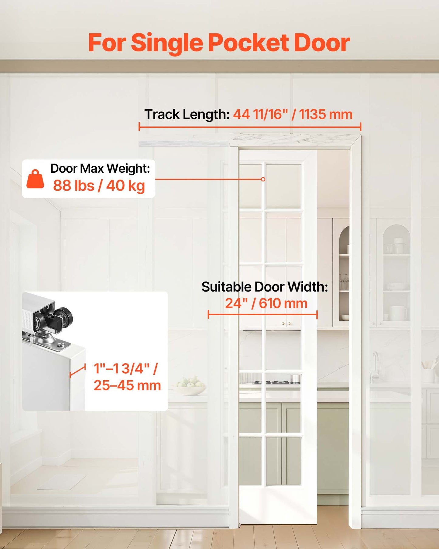 Sliding Pocket Door Hardware Track Kit - 44.69 Inch with Soft Close Mechanism, Black